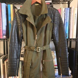 Rebecca Minkoff Kiefer Khaki Green Trench with Moto Leather Sleeves
